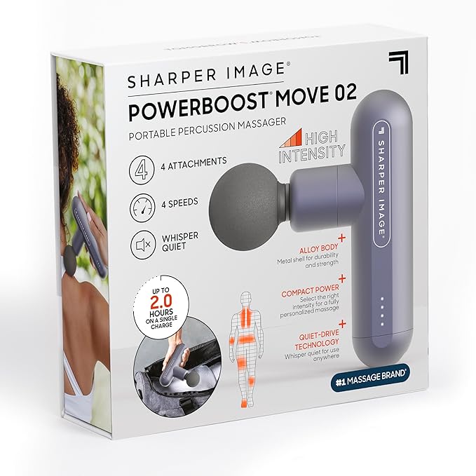 Sharper Image Powerboost Move 2.0 - Mini Percussion Massage Gun| 4 Attachments, 4 Speeds| Portable Full Body Back & Shoulder Massager| Muscle Recovery & Pain Relief| Deep Tissue Massage Tool Gift - Bloomnest