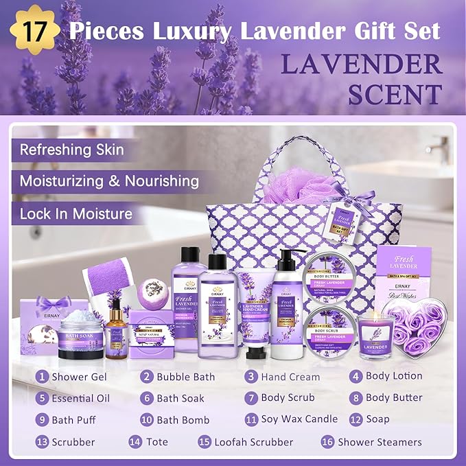 Gift for Women, Spa Gift Baskets for Women - 17pcs Lavender Sets with Body Lotion, Bubble Bath, Relaxing Bath Sets, Birthday Christmas Gifts for Her, Spa Kit for Mom Wife Sister Friend - Bloomnest