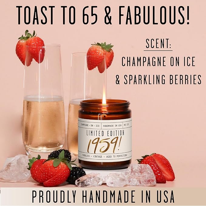 65th Birthday Gifts for Women - 'Limited Edition 1960' Soy Candle, w/Champagne on Ice I 65 Birthday Gifts for Women I 65th Gift for Her Ideas I 9oz Reusable Jar, 50Hr Burn, Made in USA - Bloomnest