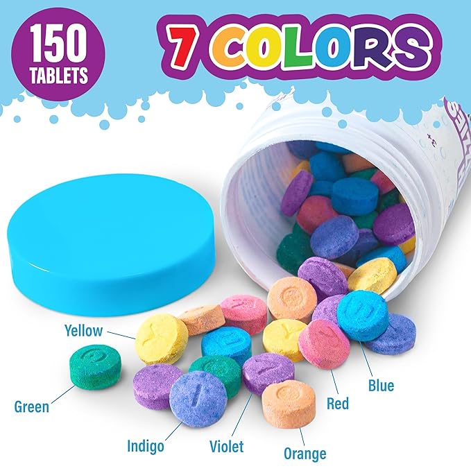Tub Works Bath Color Tablets for Kids, 150 Count | Nontoxic & Fragrance-Free | Fizzy & Vivid Bath Color Tablets Create Fun Bath Colors | 7 Colored Water Tablets for Variety | BathBombs for Kids Bath - Bloomnest