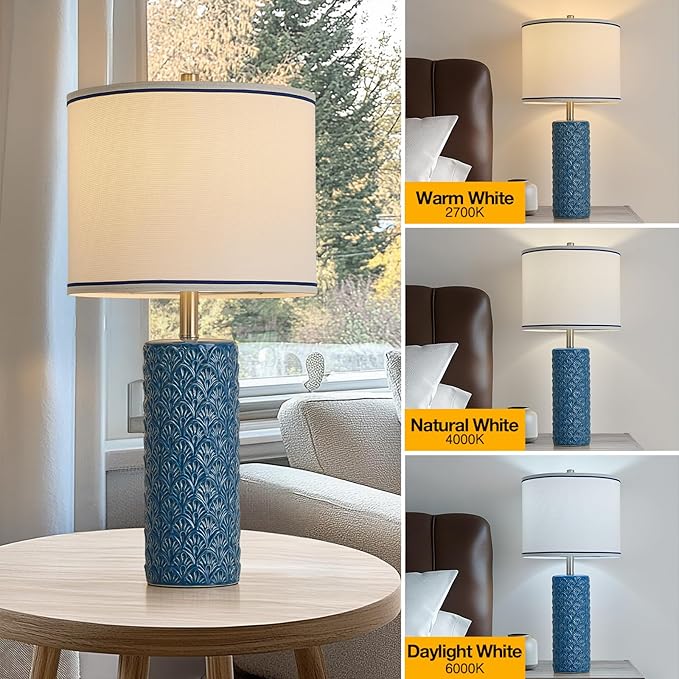 27" Farmhouse Bedside Table Lamp Set of 2, Bule Modern Ceramic Lamps for Living Room, 3 Color Temperature Rustic Table Lamps for Bedroom, Night Stands, Dorm,Office, Home Décor (Bulb Included) - Bloomnest