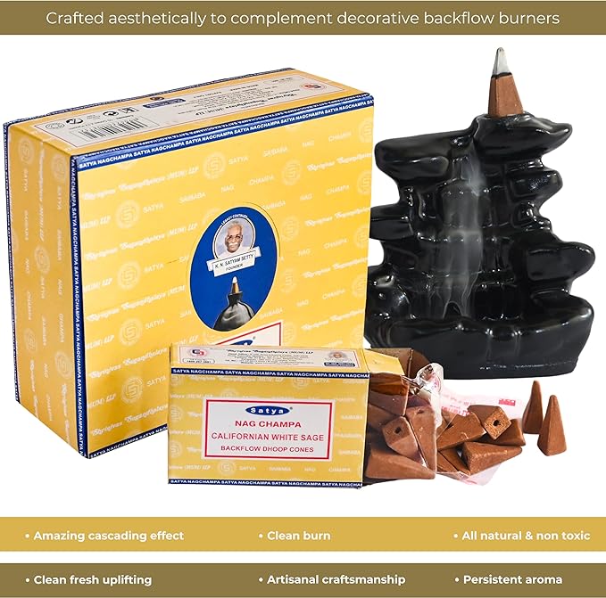Californian White Sage Backflow Incense Cones for Waterfall Aromatic Smoke Fountain Haze Falls and Mat Bundle - Pack of 12 TRUMIRI