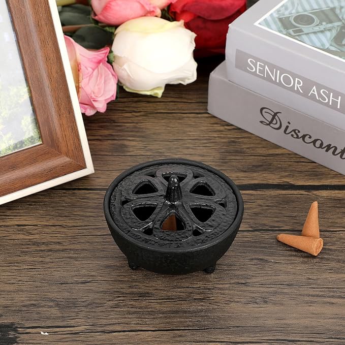 JUXYES Vintage Tripod Incense Burner Holder with Lid, Cast Iron Incense Holder Metal Cauldron Censer Antique Cone Coil Incense Burner Holder for Incense Resins, Charcoal, Cones or Wax Melts - Bloomnest