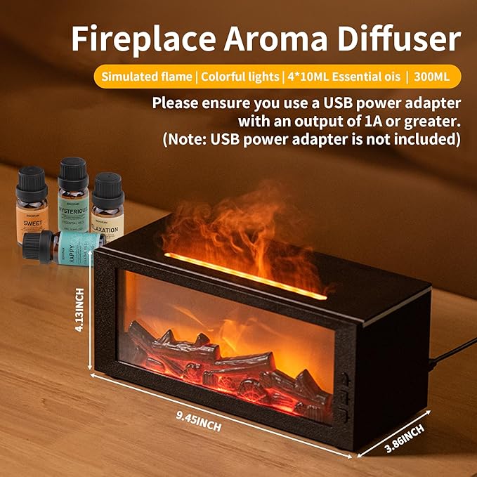 BOHOFAM Fireplace Essential Oil Aroma Diffuser,Flame Air Humidifiers 300ML,14-Hour Runtime,Colorful Flame Diffusers for Home,Included 4 * 10ML Hotel Collection Diffuser Oils for Bedroom(Black) - Bloomnest