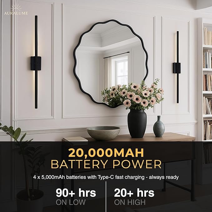 Auralume Wall Sconce Set of Two – Battery Operated LED Wall Lights with Remote, Dimmable, 4 Color Temps 3000K–6000K, 20,000mAh Rechargeable, Modern Indoor Wall Lamps - Bloomnest