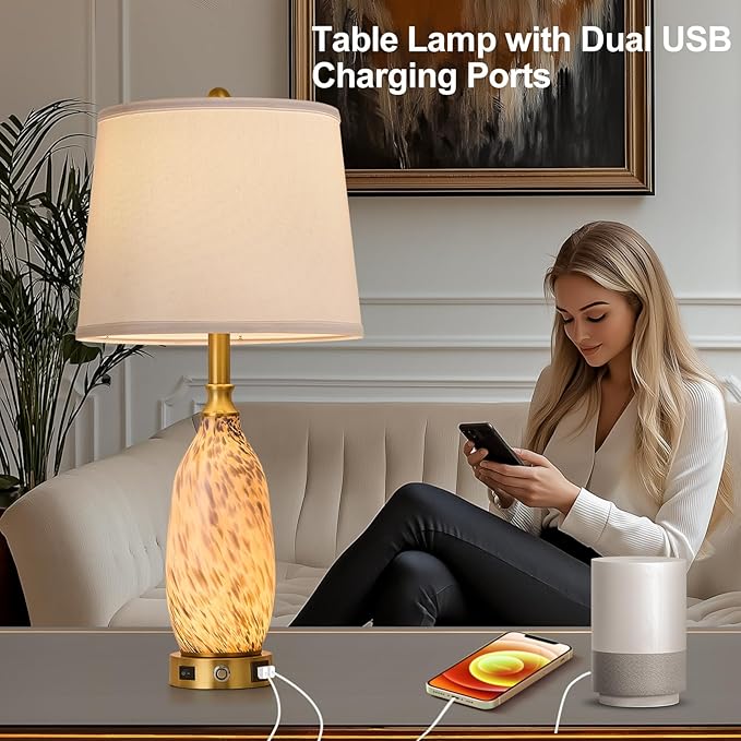 AIDENOEY 26" Modern Art Glass Table & Bedside Lamp, Stepless Dimmable Base + Dimmable 3-Color Light, USB A/C Charging Ports, Touch Control & Switch for Bedroom, Living Room, Office, Study - Bloomnest