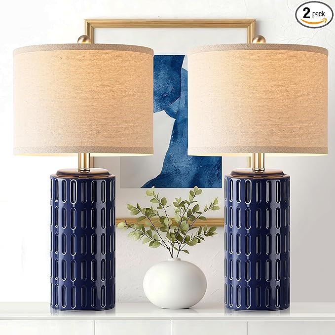 PARTPHONER 23" Farmhouse Modern Ceramic Table Lamp Set of 2 - Navy Blue Bedside Lamps for Bedroom & Living Room, Nightstand, Desk, End Table - Bloomnest