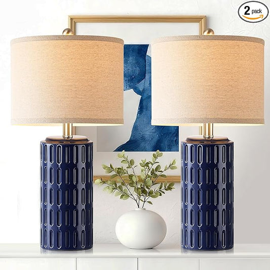 PARTPHONER 23" Farmhouse Modern Ceramic Table Lamp Set of 2 - Navy Blue Bedside Lamps for Bedroom & Living Room, Nightstand, Desk, End Table - Bloomnest