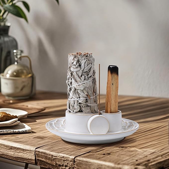 4 in 1 Incense Holder, Ceramic Incense Stick and Palo Santo Holder,Sage Holder for Burning- 5.5" Ceramic Ash Catcher Tray for Meditation and Yoga Room (White) - Bloomnest