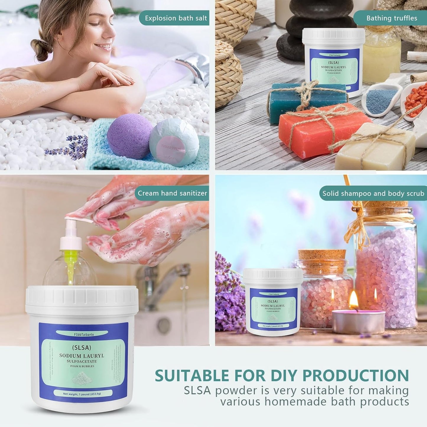 1 Pound of SLSA Powder for Bath Bomb Making, Premium Sodium Lauryl Sulfoacetate Powder, Sodium Lactate for soap Making, Gentle on The Skin. Suitable for Bath TrufflesCrafting Bath Bombs and More