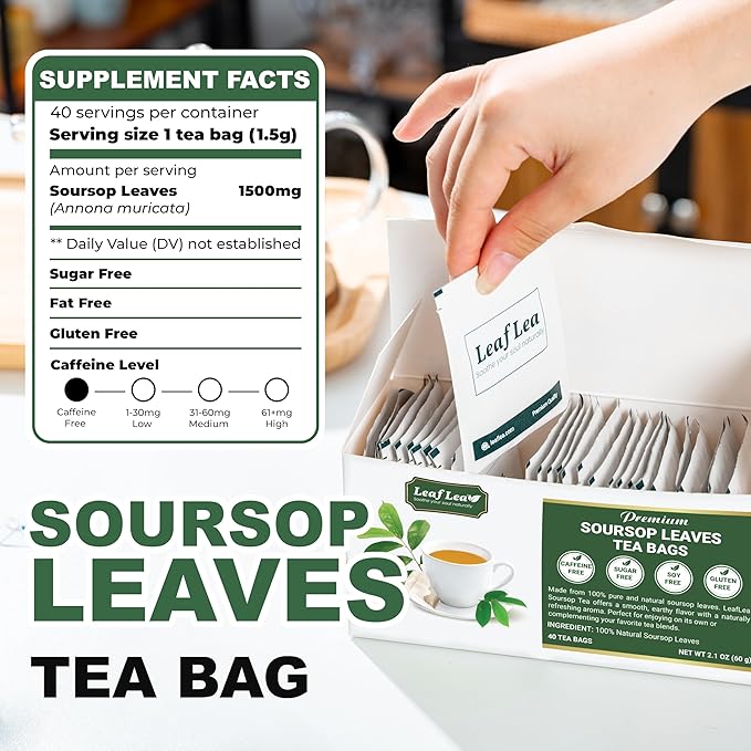 LeafLea 160 Premium Soursop Tea Bags, Natural & Pure Sour sop Graviola Tea Leave, Hoja Guanabana Leaf Herbal Tea Bags Variety Pack of 4, Digestive Support, Nutrient-Rich, Vegan, Sugar/Caffeine Free - Bloomnest