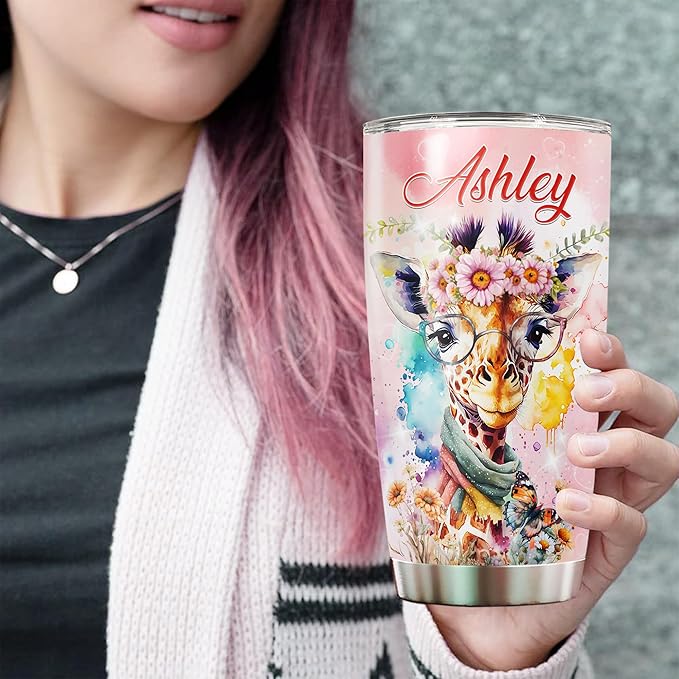 WAZONE Personalized Tumbler Just A Girl Who Loves Giraffes Flower Cute Animal Insulated Stainless Steel Giraffe Coffee Cup Travel Mug With Lid Custom Name 20oz 30oz Birthday Gifts For Girls - Bloomnest
