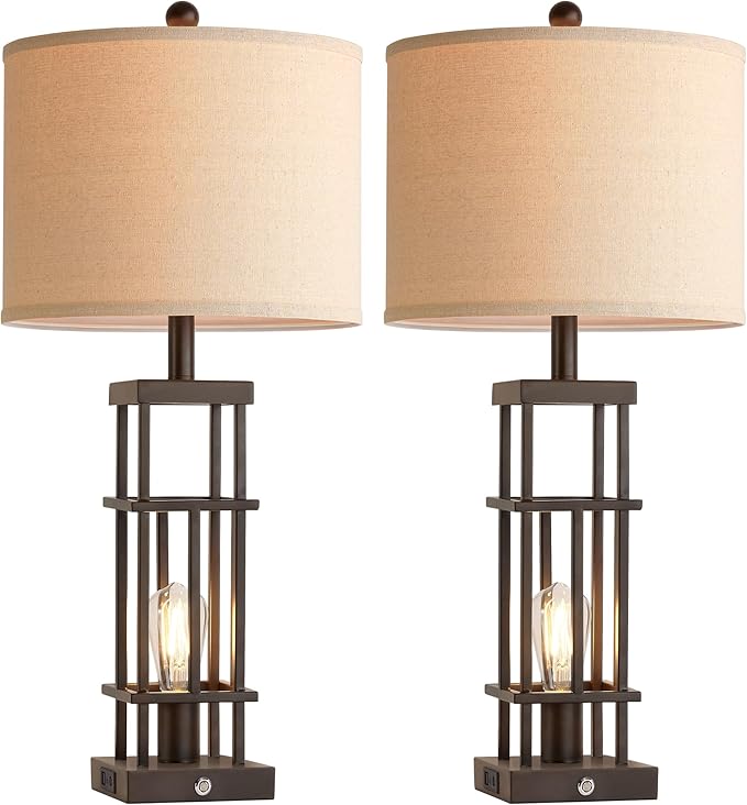 29.5" Table Lamps for Living Room Set of 2, Farmhouse Table Lamps with USB C+A Ports, Touch Control Bedside Lamps with Oil Rubbed Bronze Finish, Bulbs Included - Bloomnest