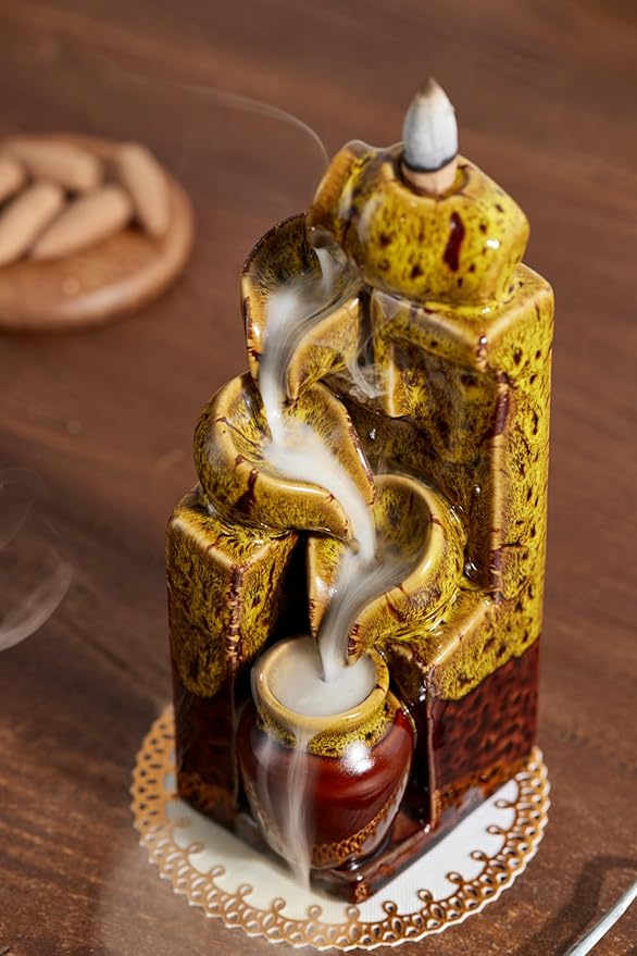 Unique Cascading Basins Ceramic Waterfall Incense Holder, Paired with a Pack of Backflow Incense Cones. (Fambe Yellow) - Bloomnest