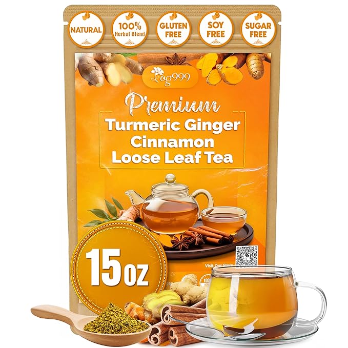 TOG999, Premium 15oz Ginger Turmeric Cinnamon Loose Leaf Herbal Tea - Premium Quality Spiced Herbal Blend – Caffeine-Free, Non-GMO, Natural Dried Roots and Bark. Vegan-Friendly. - Bloomnest