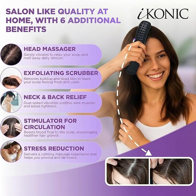 IKONIC 3-in-1 Electric Scalp Massager for Hair Growth -Vibrating Head Massager Brush for Stimulation and Circulation, Use as Exfoliator, Scrub, Hair Detangle, Massage Gift for Men and Women iKonicPrecisionStylingTools