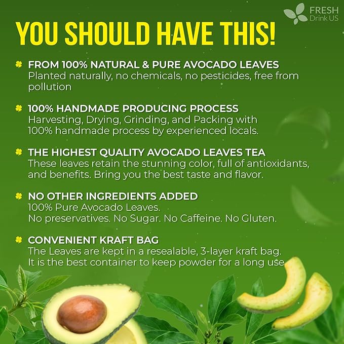 FreshDrinkUS, 120 Avocado Leaves - Loose Leaf - Premium Avocado Leaf Herbal Tea, Caffeine Free Botanical Tea Leaves for Hot or Iced Tea – Natural, Aromatic & Fresh Avocado Leaves - Bloomnest