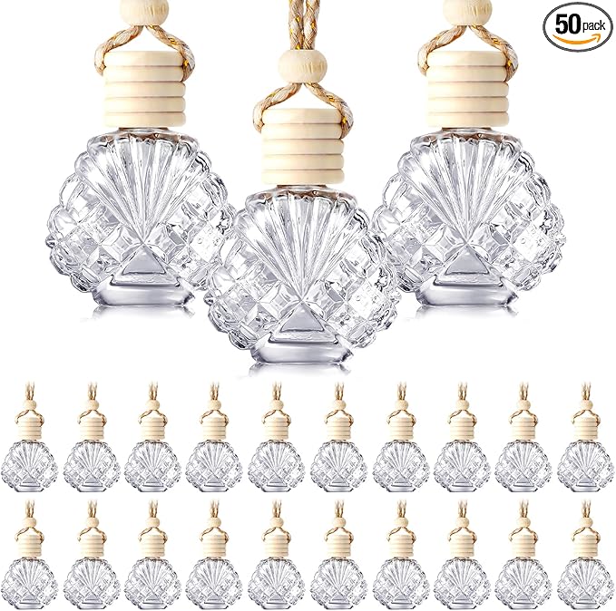 BBTO 50 Pcs Hanging Car Air Freshener Car Diffuser Bottles Empty Glass Perfume Bottle Freshener Diffuser Bottle Pendant for Essential Oil Fragrance Aromatherapy Bottle Ornament(Shell) - Bloomnest