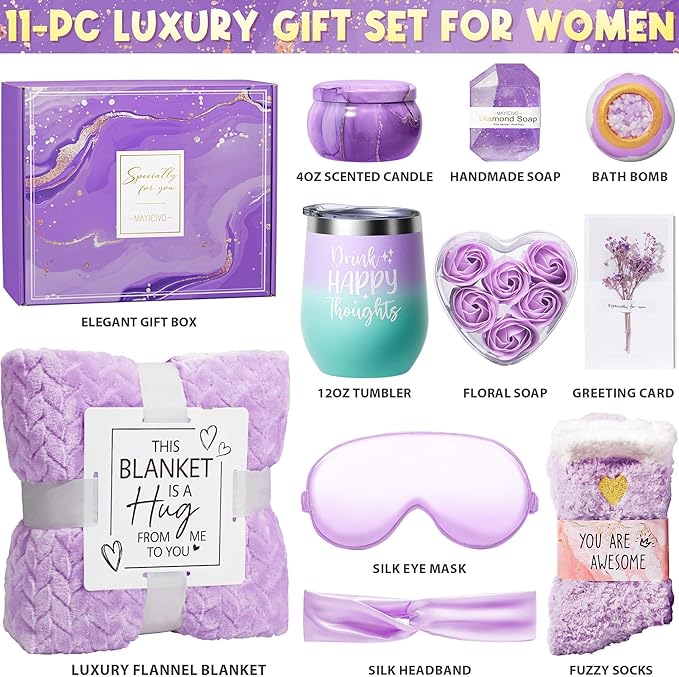 Valentines Day Birthday Gifts for Women Self Care Get Well Soon Gift Baskets, Lavender Relaxing Spa Gift Basket Care Package Flannel Blanket, Unique Gifts for Her Mom Wife Girlfriend Friends Sister
