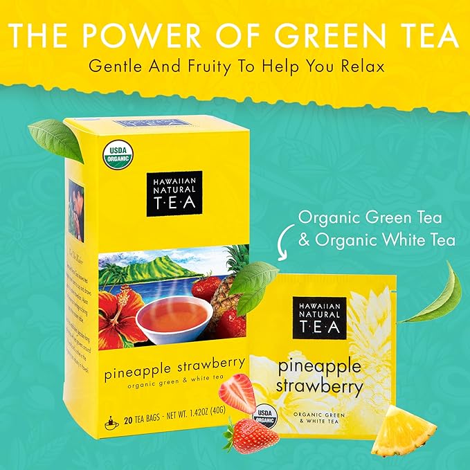 Hawaiian Natural Tea Pineapple Strawberry Flavored Organic Tea - Tropical Fruit Green Tea Blend with White Tea - Perfect Daily Cup & Gift for Tea Lovers - 120 Tea Bags - Bloomnest