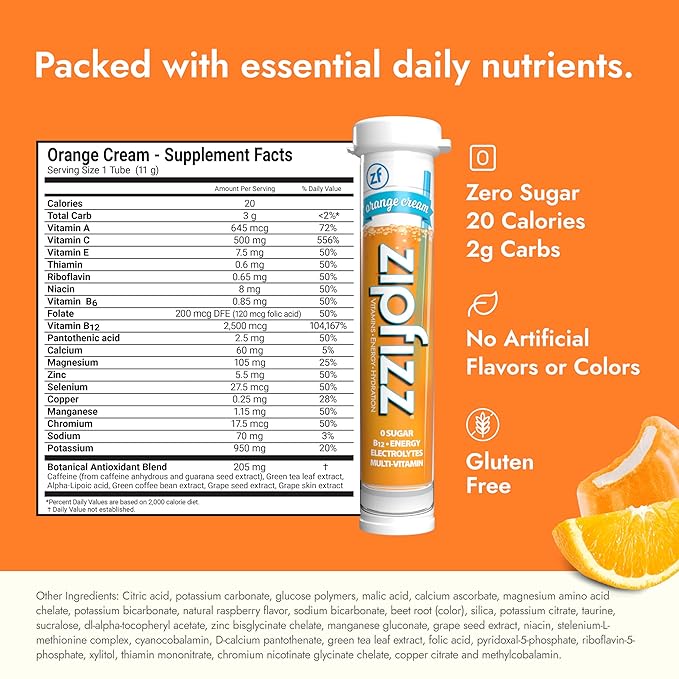 Zipfizz Daily Energy Drink Powder, Orange Cream, 20 Pack | 3-in-1 Sustained Energy, Rapid Hydration, and Essential Vitamins | Sugar-Free | Electrolyte Powder | Contains Vitamin B-12 & Antioxidants - Bloomnest