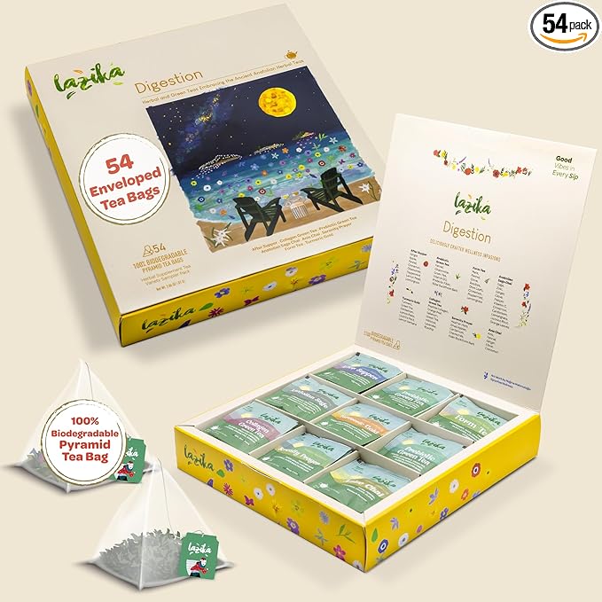 Lazika Herbal Tea Variety Pack with Lovely Presentation Box, 54 Counts Digestion Tea Assortment Gift Set, Premium Collection with Pyramid Infuser Bag, Handcrafted - Bloomnest
