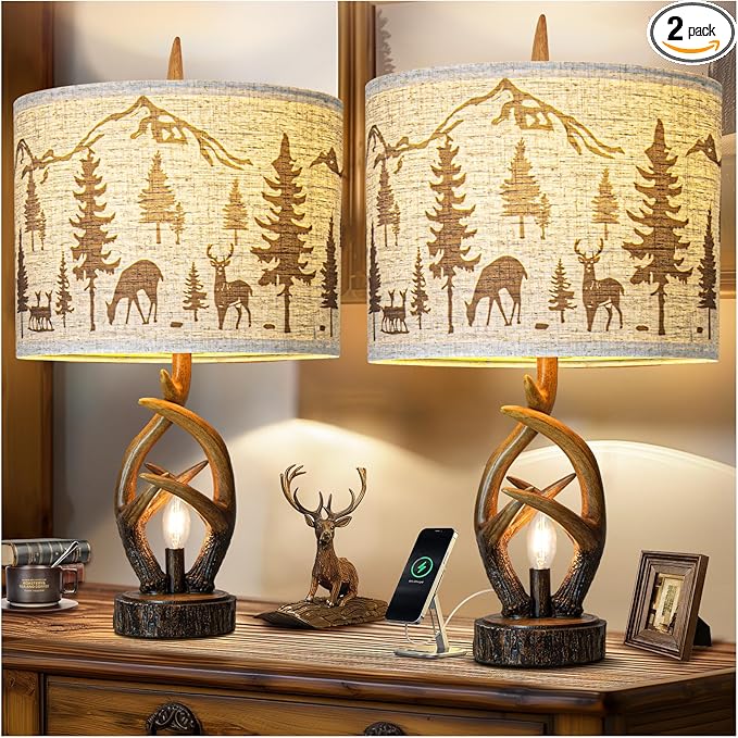 Farmhouse Deer Antler Table Lamp Set of 2 For Living Room with USB Ports, Rustic Bedside Lamp with Nightlight For Bedroom, linen Fabric Shade Vintage Nightstand Lamps For Hotel Bar Country House - Bloomnest