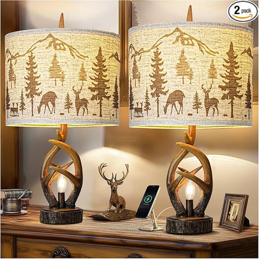 Farmhouse Deer Antler Table Lamp Set of 2 For Living Room with USB Ports, Rustic Bedside Lamp with Nightlight For Bedroom, linen Fabric Shade Vintage Nightstand Lamps For Hotel Bar Country House - Bloomnest