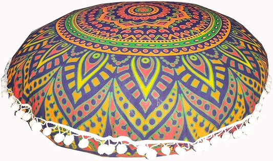 ICC New Blue Ombre 24" Mandala Barmeri Large Floor Pillow Cover Cushion Meditation Seating Ottoman Throw Cover Hippie Decorative Zipped Bohemian Pouf Ottoman Pom Pom Cases 24" Round - Bloomnest