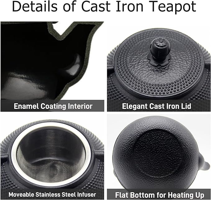 YJX Cast Iron Teapot Set with Cast Iron Warmer, Japanese Tetsubin Tea Kettle Set with Cups,Cast Iron Teapot with Stainless Steel Infuser and Enameled Interior(600ml Teapot Set Combination 1), Black - Bloomnest