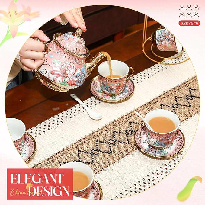 20 Pcs Porcelain Tea Set for Adults with Metal Holder and Spoon European Ceramic Tea Party Set Flower Painting Teapot Cup Saucer for Christmas Women Gifts, Serving 6 People(Fresh) - Bloomnest