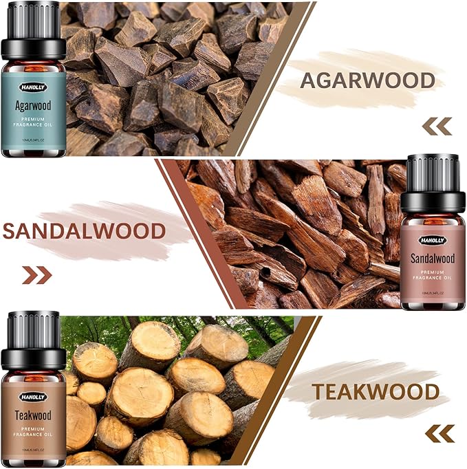 Woody Essential Oils Set, Woody Scents Fragrance Oil Aromatherapy Essential Oils Kit for Diffuser (6x10ML) - Sandalwood, Cedarwood, Teakwood, Agarwood, Cypress, Forest Pine Aromatherapy Oils - Bloomnest