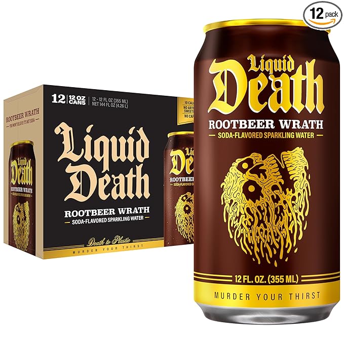 Liquid Death Soda-Flavored Sparkling Water - Rootbeer Wrath, Less Sugar*, Huge Flavor, No Caffeine, No Artificial Sweeteners, 12 Fl Oz (Pack of 12) - Bloomnest