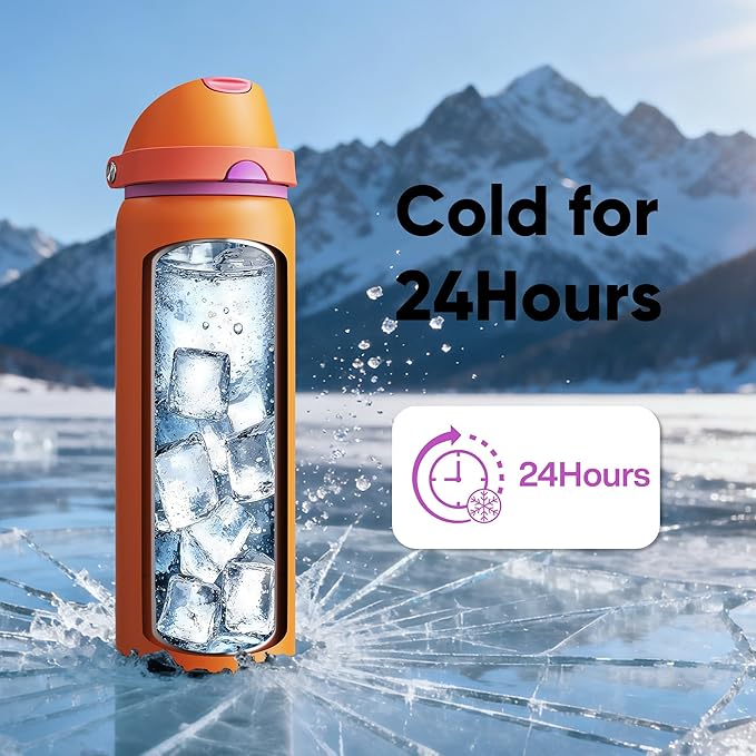 Insulated Water Bottle with Straw - Encool Stainless Steel Water Bottle with Push Button Lid, Leak-Proof & BPA-Free, Keeps Cold for 24 Hours for Sports, Travel, Gym (32 oz, Tiger Eye) ENCOOL