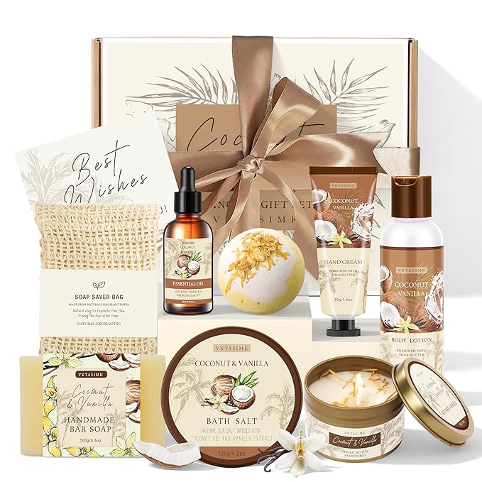 Gifts for Women Happy Birthday Gift Baskets, Bath and Body Gift Set Mothers Day Gifts, Vanilla Coconut Relaxing Home Spa Set Self Care Gift for Mom Sister Her Wife Grandma Girlfriend Friends - Bloomnest