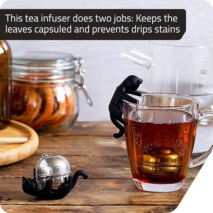 PELEG DESIGN Animal Tea Strainer, Cat, Stainless Steel, Catty, Tea Strainer, Tea Infuser, Black