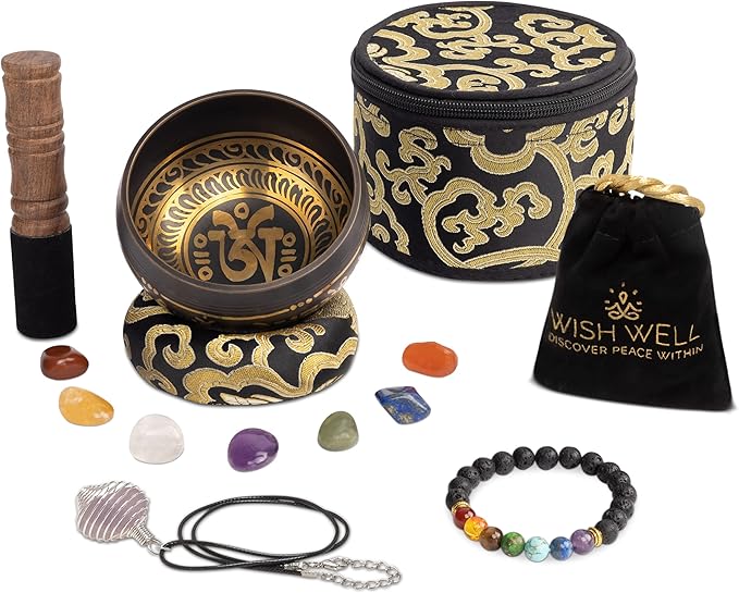 Tibetan Singing Bowl Set ~ 7 Chakra Stones and Lava Stone Chakra Bracelet ~ Easy to Play with Fabric Case, Cushion, Mallet ~ Handcrafted in Nepal for Meditation, Yoga, Spiritual Healing, & Mindfulness
