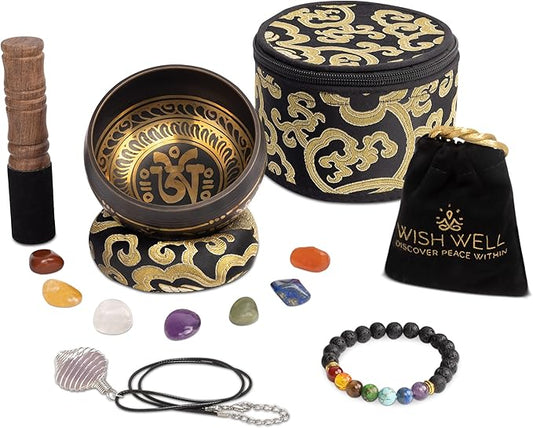 Tibetan Singing Bowl Set ~ 7 Chakra Stones and Lava Stone Chakra Bracelet ~ Easy to Play with Fabric Case, Cushion, Mallet ~ Handcrafted in Nepal for Meditation, Yoga, Spiritual Healing, & Mindfulness