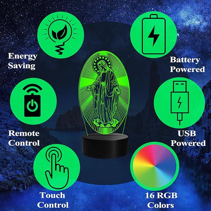 Virgin Mary Night Light, Virgin Mary Gifts, 3D Illusion Lamp with Remote Control, 16 RGB Colors, 4 Flashing Modes, Timer, Dimmable, Kids Catholic Gifts Room Decoration for Holiday Birthday Christmas - Bloomnest