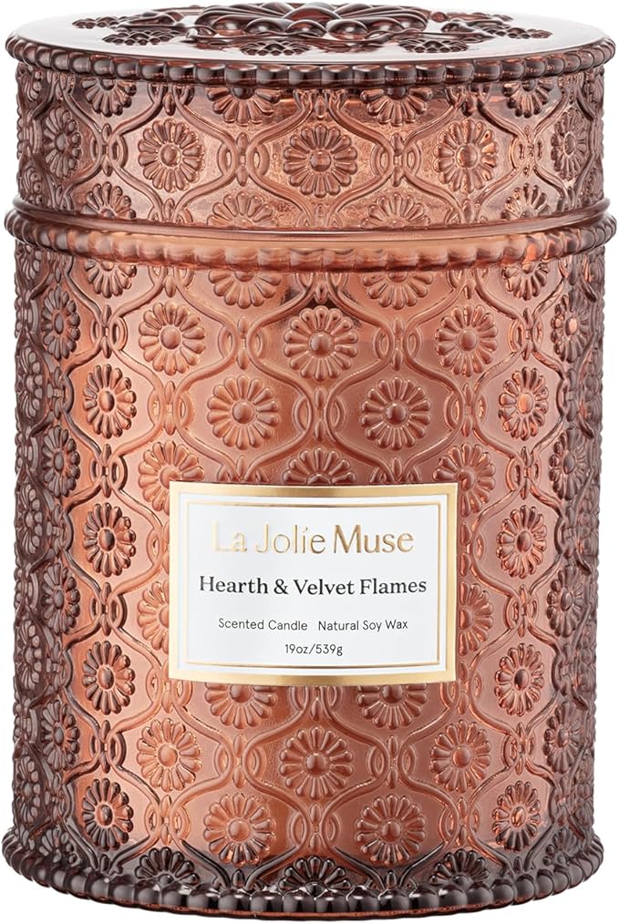 LA JOLIE MUSE Christmas Candles | Hearth & Velvet Flames | Saffron, Clove & Vanilla | 19 oz Large Wooden Wick Soy Candle | 90-Hour Clean Burn | Holiday Candle Gift | Gift-Ready for Hosts & Festive Gat - Bloomnest