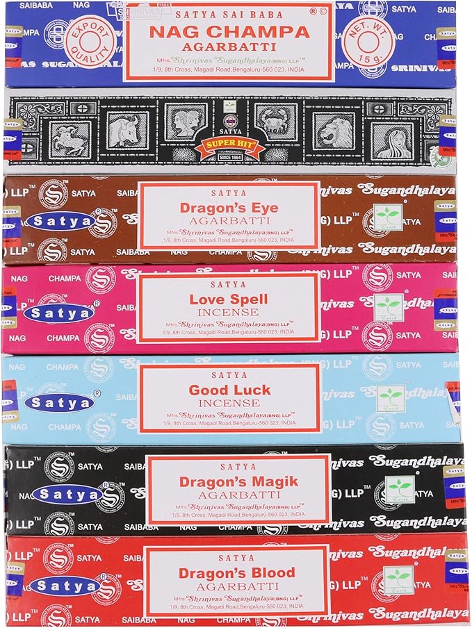 Satya Incense Sticks Gift Set, 7 Scents, Nag Champa, Super Hit, Dragon's Blood, Sandalwood, Patchouli, Lavender, Positive Vibes, 15g Each (Magic Mix) SoulSticks