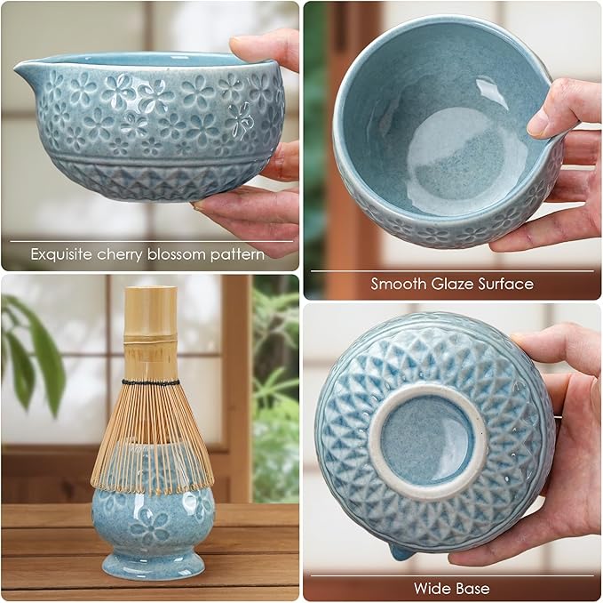7Pcs Matcha Whisk Set, Ceramic Matcha Bowl with Spout, Bamboo Whisk and Holder,Bamboo Scoop,Scoop Rest,Sifter,Tea Towel, Matcha Kit with Cherry Blossom Carved Patterns for Matcha Lovers (Sakura Blue) - Bloomnest