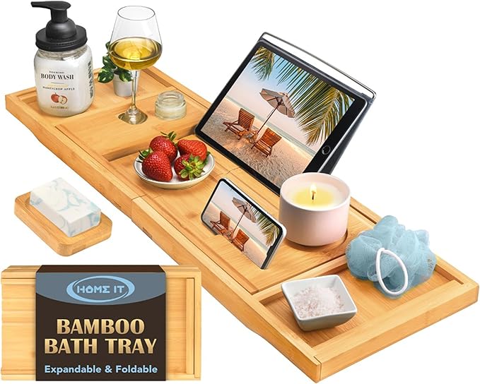 Home It Premium Foldable Bathtub Tray - Bamboo Waterproof Bath Tray for tub Caddy - Wooden Holder for Wine, Book, Soap, Phone, Luxury Gift for Men & Women - Expandable, Fits Most Tubs in Bathroom - Bloomnest