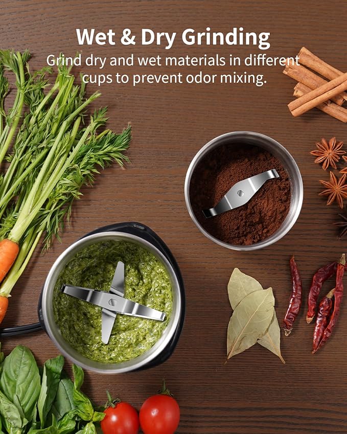 SHARDOR Coffee Grinder Electric Herb/Wet Grinder for Spices and Seeds with 2 Removable Stainless Steel Bowls, Silver - Bloomnest