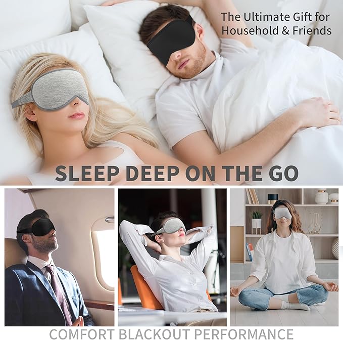 3D Sleep Mask for Men Women 2 Pack, Blackout Eye Mask for Sleeping Eye Mask for Side Sleeper, Memory Foam Adjustable&Washable, Airplane Travel Essentials Couples Yoga Meditation Office Black & Gray - Bloomnest