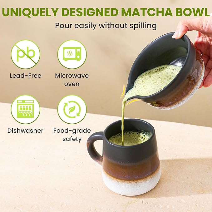 Matcha Whisk Set, Ceramic Matcha Set Desert Series, Matcha Bowl, Matcha Whisk and Holder, Bamboo Scoop, Scoop Rest, Sifter and Tea Towel 7 Pcs Matcha Kit for Birthday Christmas Gift (Matte Black) - Bloomnest