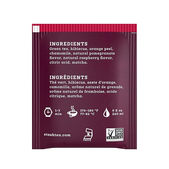 Stash Tea Pomegranate Raspberry Green Tea - Caffeinated, Non-GMO Project Verified Premium Tea with No Artificial Ingredients, 30 Count (Pack of 6) - 180 Bags Total - Bloomnest