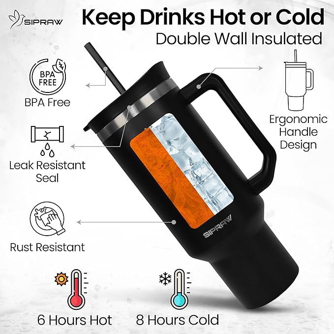 Tumbler with Handle, Insulated Tumbler with Lid and Straw, Stainless Steel Travel Coffee Mug, Cup Holder Friendly, Perfect for Camping, Travelling & Gifting, 40oz, Black - Bloomnest