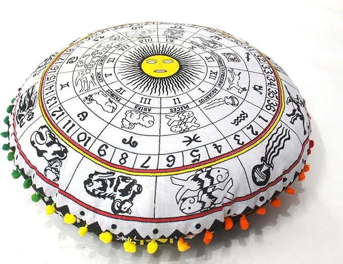 CRAFT KALA Large Round Bohemian Floor Pillow Pouf Cover Mandala Meditation Room Pillow Cover for Adults Boho Seating Poufs Cushion Cover for Kids Playroom 32" Round Yellow and White Zodiac - Bloomnest