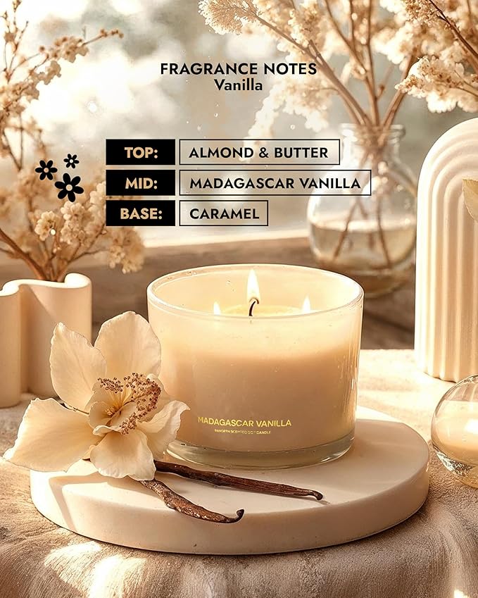 96NORTH Luxury Vanilla Soy Candles | Large 3 Wick Jar Candle | Up to 50 Hours Burning Time | 100% Natural Soy Wax | Relaxing Aromatherapy Aesthetic Candle | Housewarming Gift for Men and Women - Bloomnest